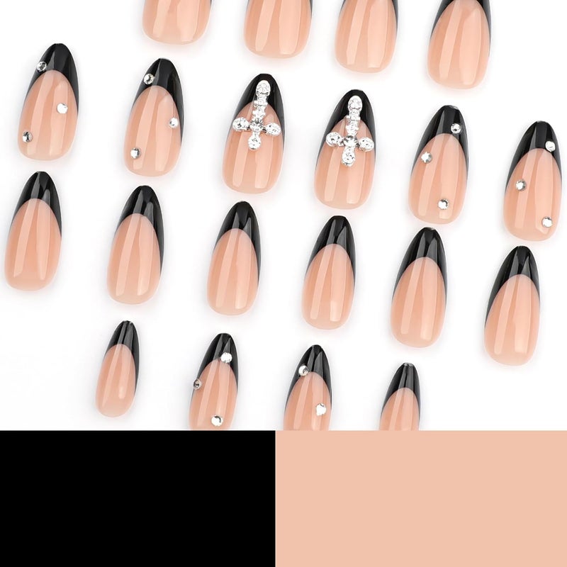 ASABITE 24 Pcs Handmade Almond Press on Nails Short Medium Fake Nails Black French Tip False Nails with Rhinestone Design Artificial Nails Holiday Glue on Nails Reusable Full Cover Stick on Nails for Women - Image 2